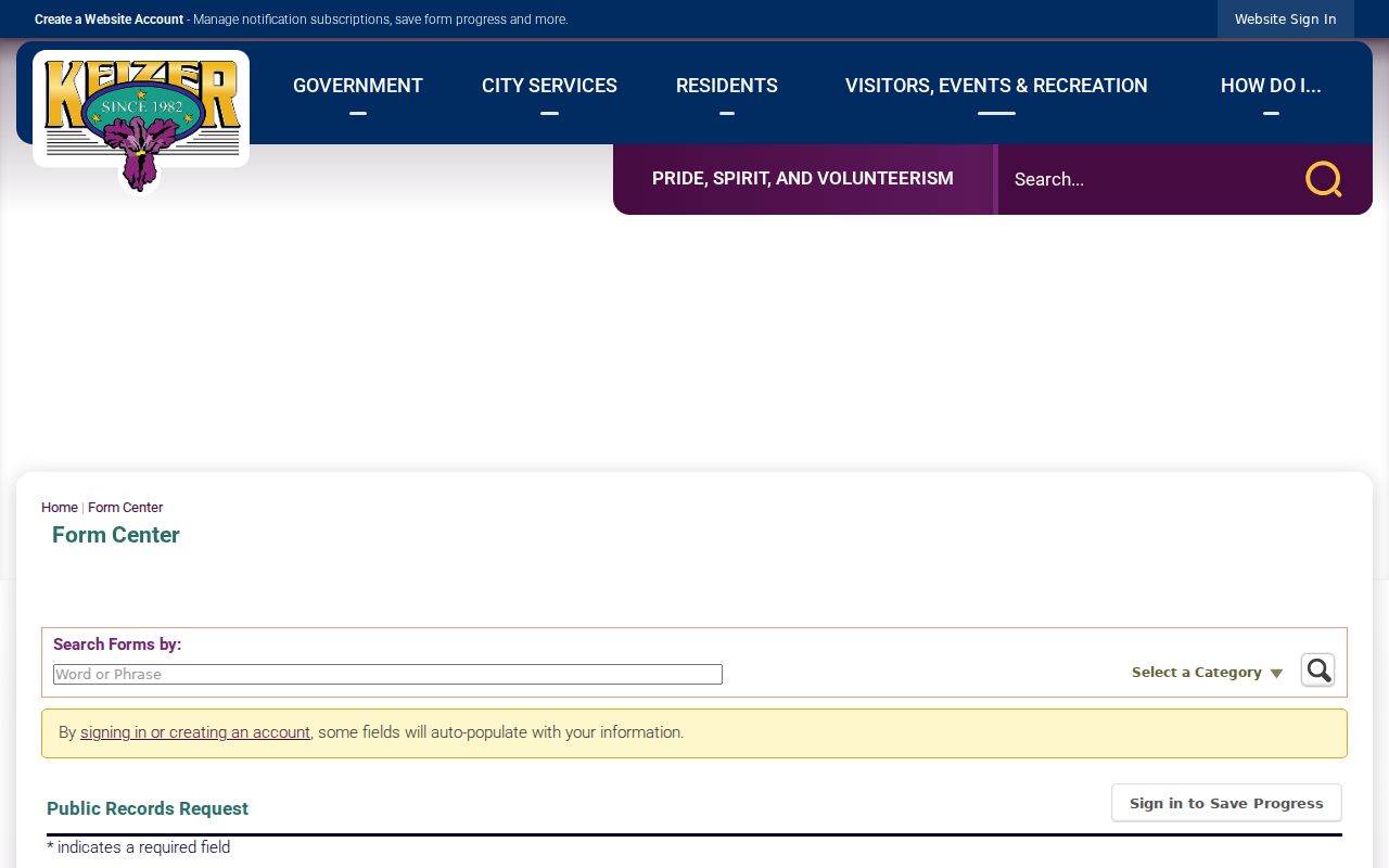 Keizer City Recorder public-records request form for non-police City records