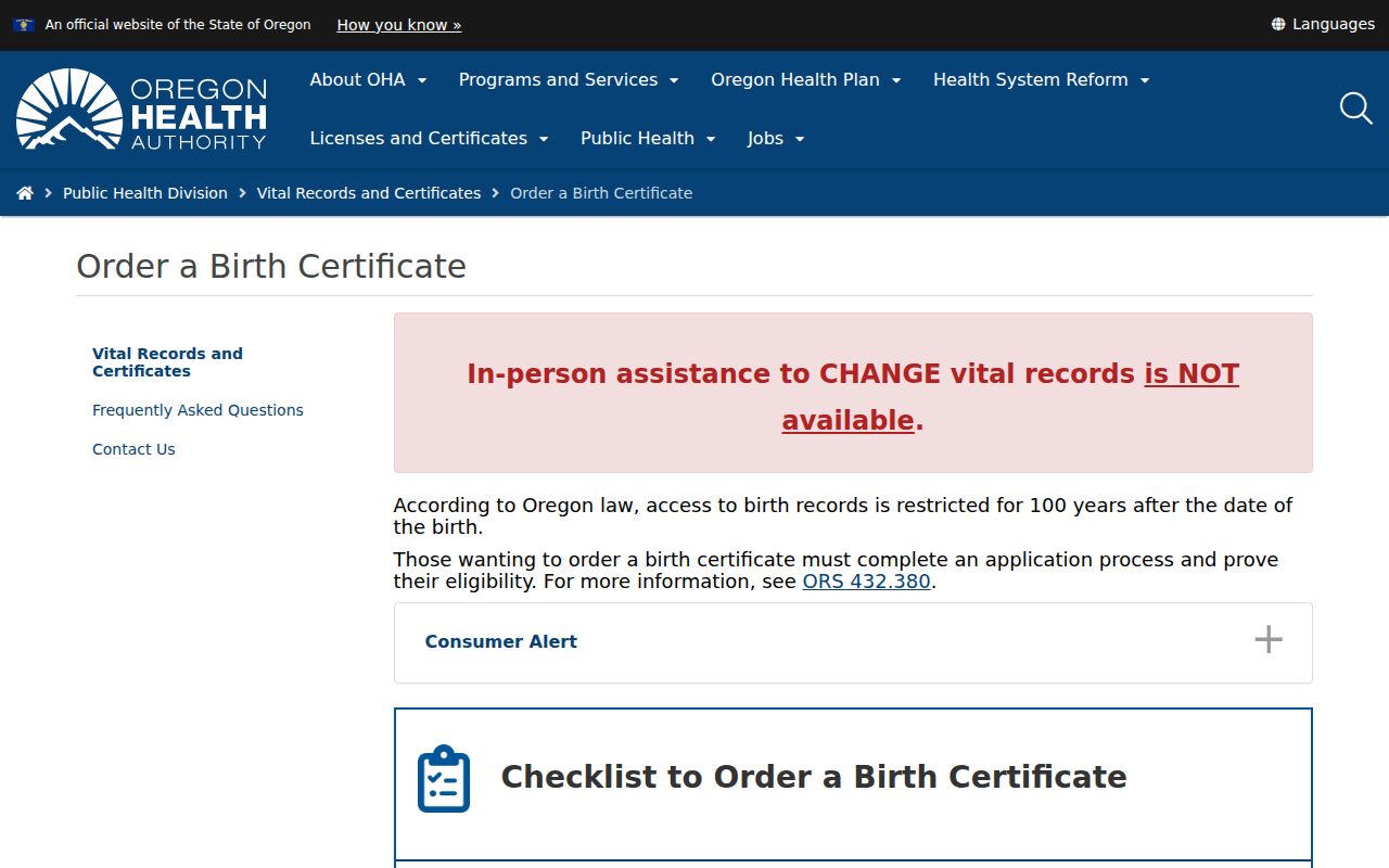Oregon birth-certificate order screen showing the official eligibility and order route