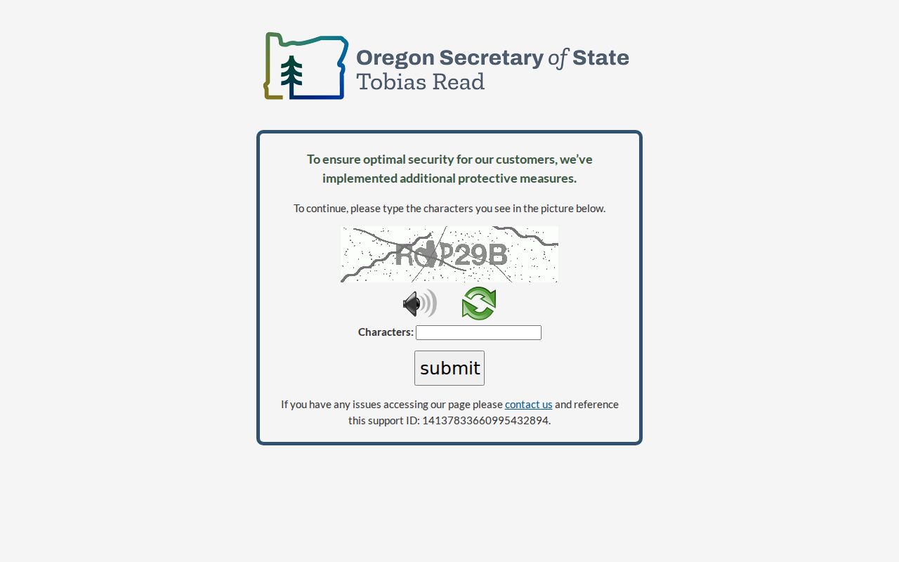 Oregon My Vote identity-verification screen with CAPTCHA access boundary