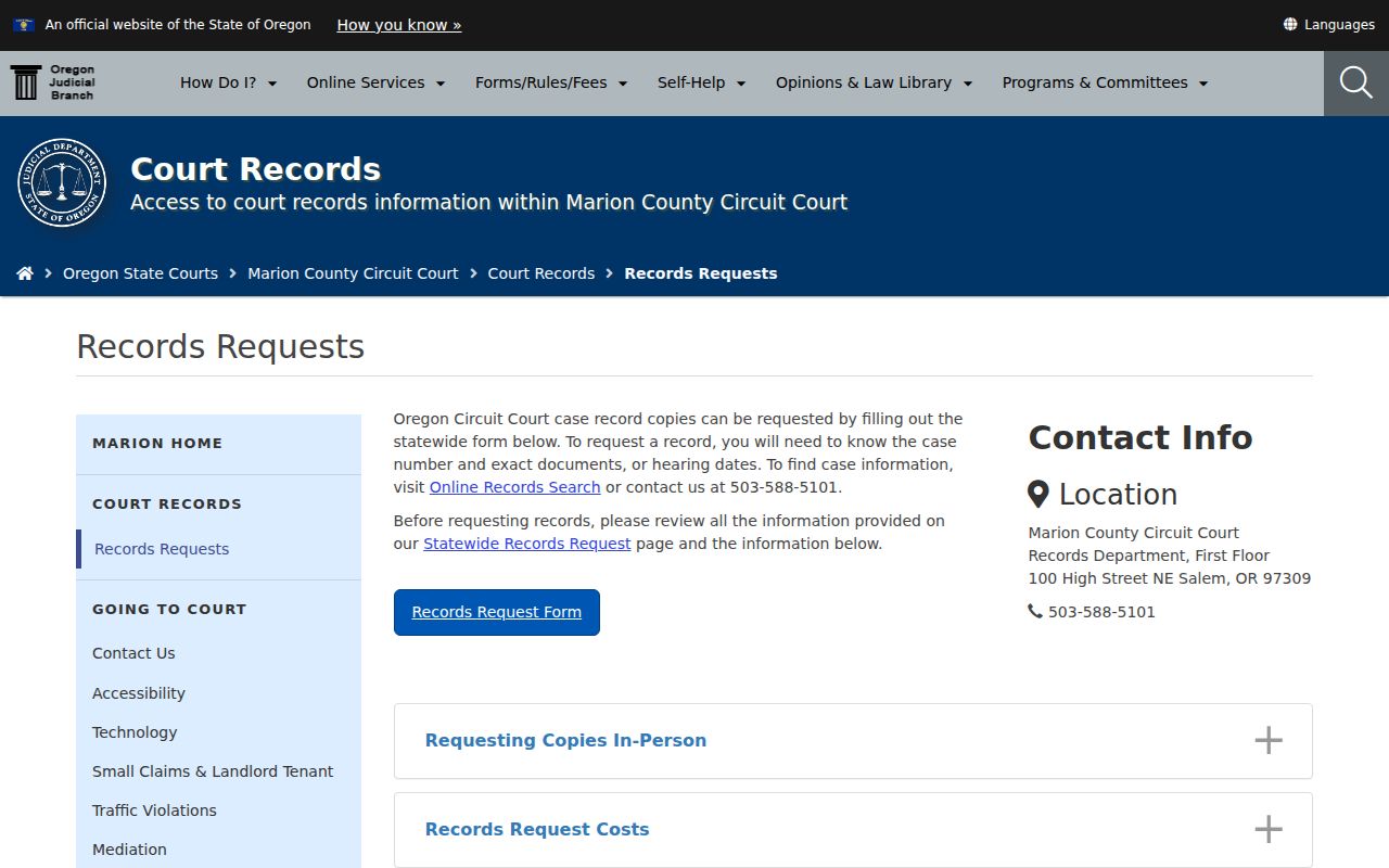 Keizer resident lookup court records request route for Marion Circuit Court